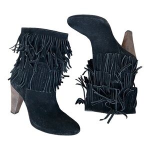 Joie black suede leather fringe heeled boots womens 7